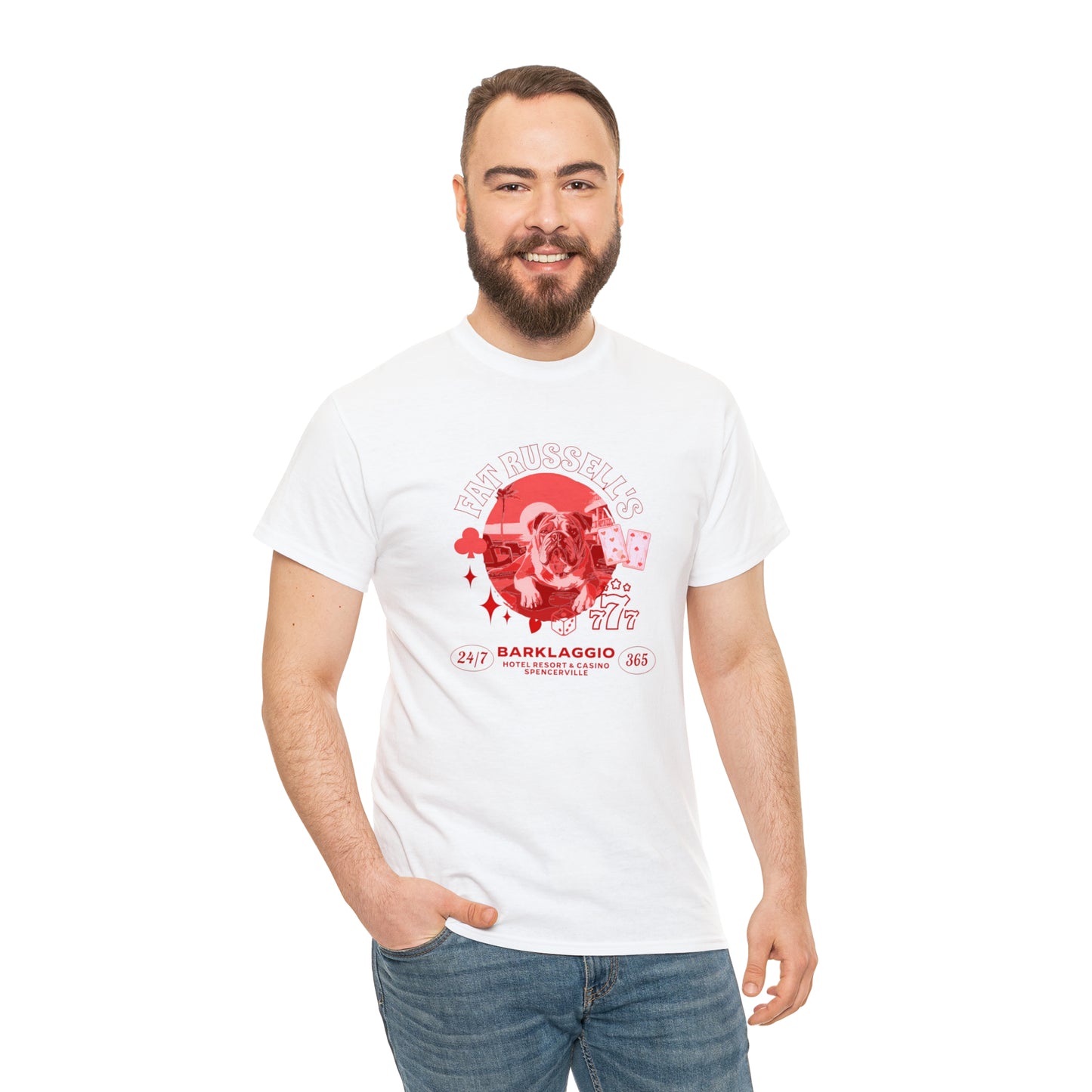 Fat Russell's Barklaggio Casino - English Bulldog T Shirt - Unisex Heavy Cotton Tee