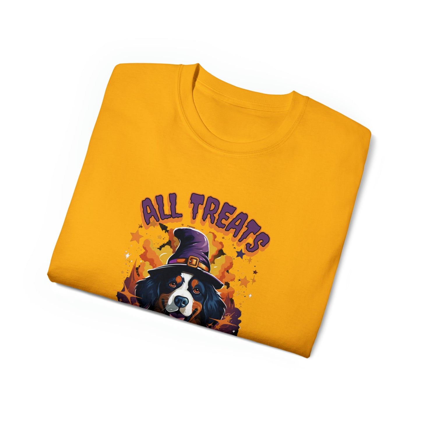 Bernese Mountain Dog Halloween T-Shirt - All Treats No tricks - Bewitching Berner | Unisex Ultra Cotton Tee