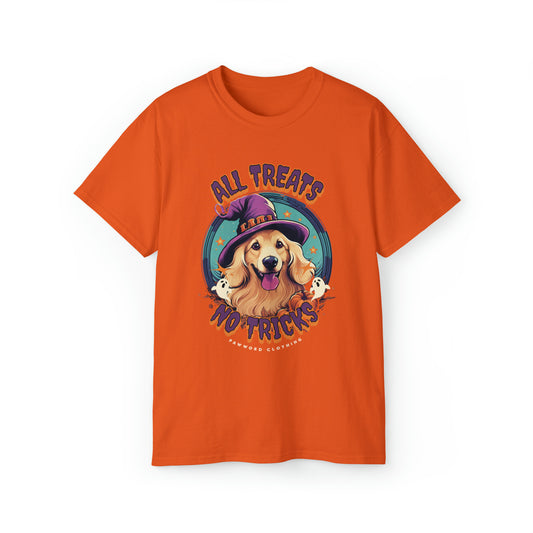 Golden Retriever Halloween T-Shirt - All Treats No Tricks -Ghoul's Best Friend | Unisex Ultra Cotton Tee