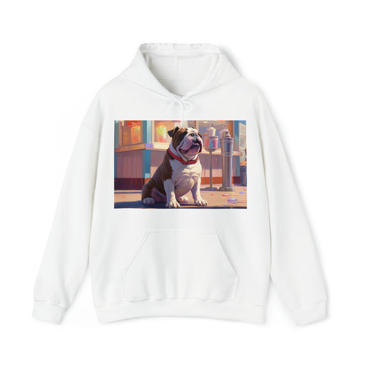 Fat Russell English Bulldog at the Ice cream Shop Unisex Heavy Blend Hooded Sweatshirt