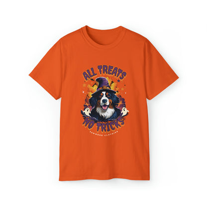 Bernese Mountain Dog Halloween T-Shirt - All Treats No tricks - Bewitching Berner | Unisex Ultra Cotton Tee