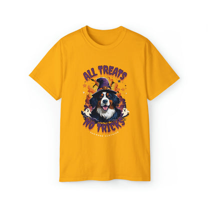 Bernese Mountain Dog Halloween T-Shirt - All Treats No tricks - Bewitching Berner | Unisex Ultra Cotton Tee