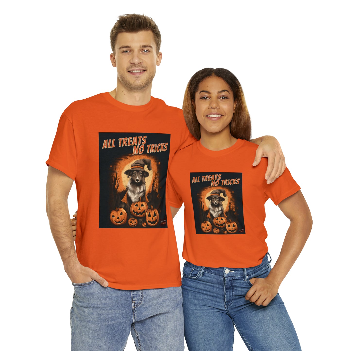 Collie - Halloween T Shirt - All Treats No Tricks - Unisex Heavy Cotton Tee