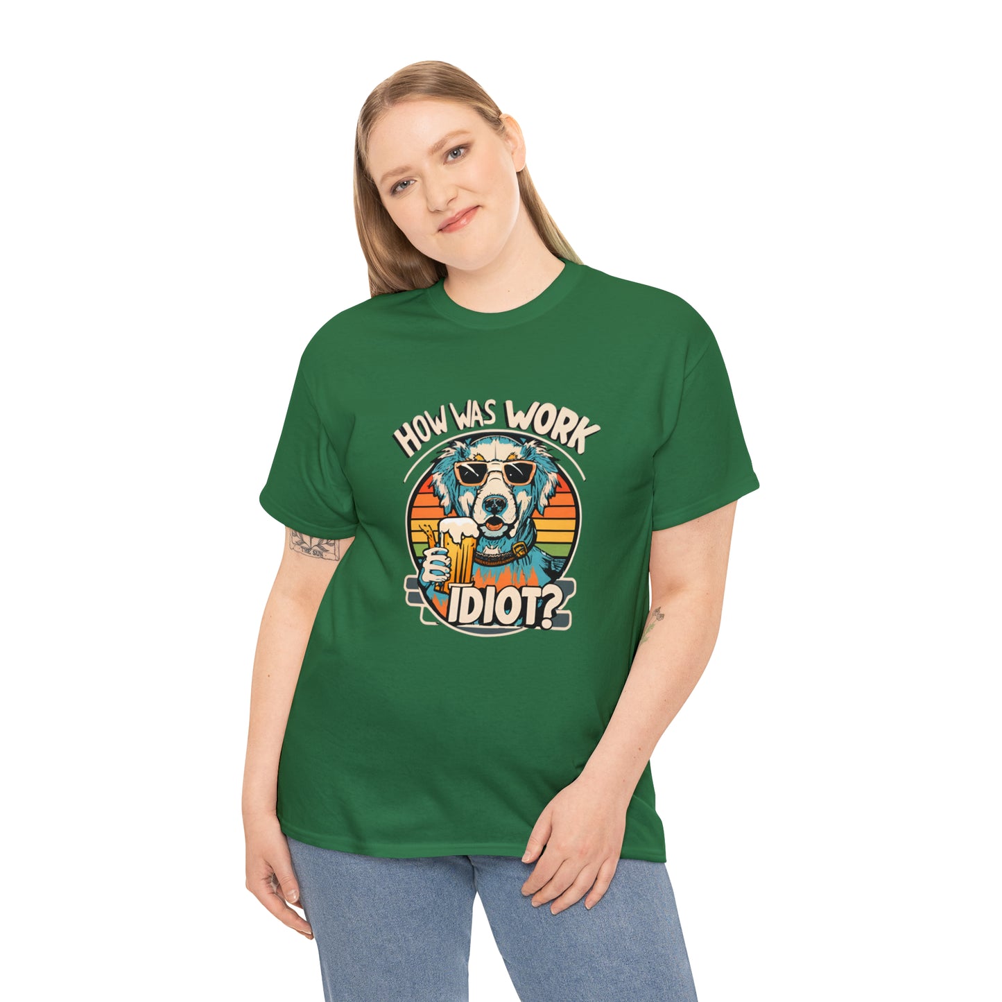 Golden Retriever - How was work idiot? Funny Dog T Shirt - Unisex Heavy Cotton Tee