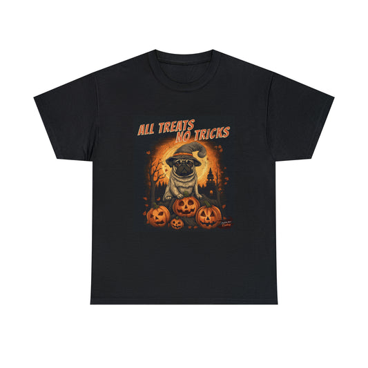 Pug Halloween T Shirt - All treats No tricks