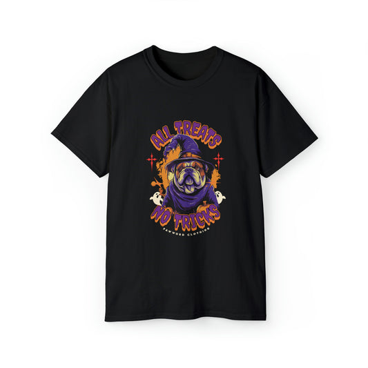Bulldog Halloween Shirt - All Treats No Tricks Funny English Bulldog T Shirt - Unisex Ultra Cotton Tee