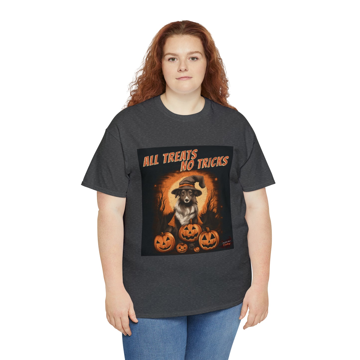 Collie - Halloween T Shirt - All Treats No Tricks - Unisex Heavy Cotton Tee