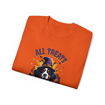 Bernese Mountain Dog Halloween T-Shirt - All Treats No tricks - Bewitching Berner | Unisex Ultra Cotton Tee