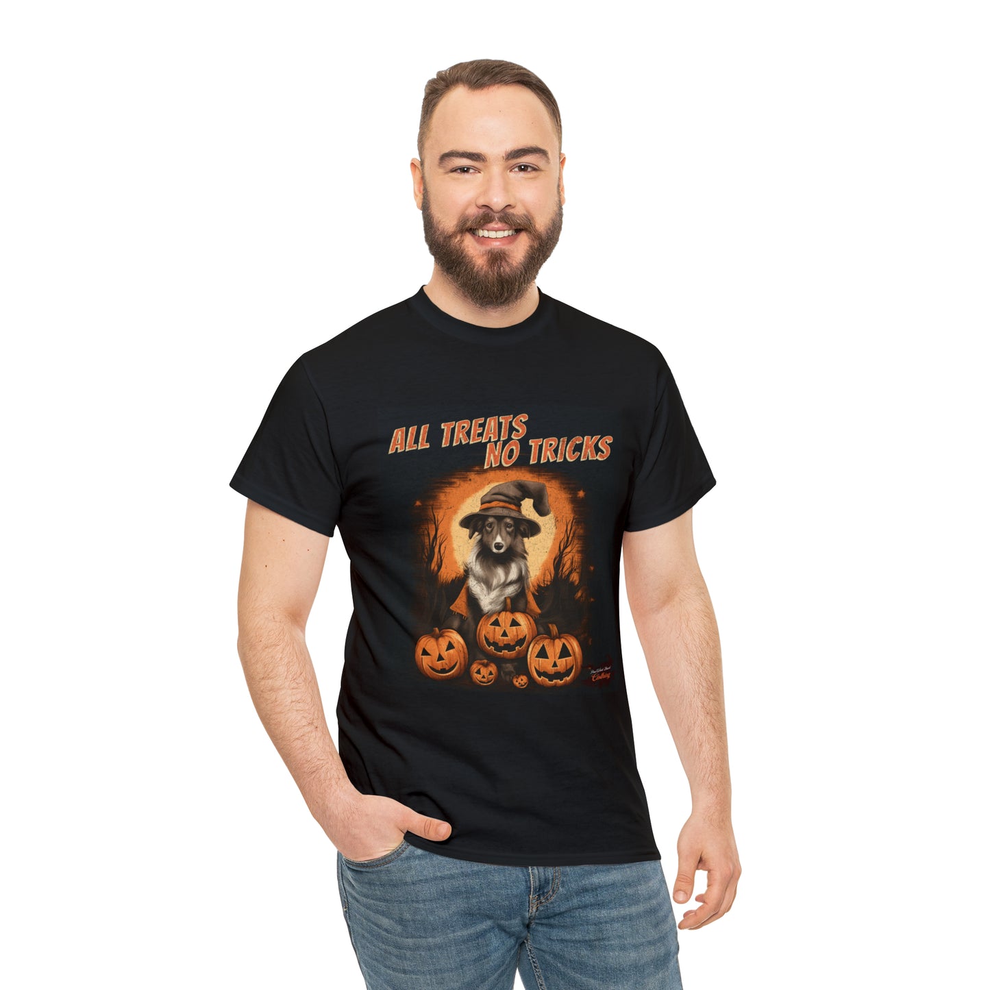 Collie - Halloween T Shirt - All Treats No Tricks - Unisex Heavy Cotton Tee