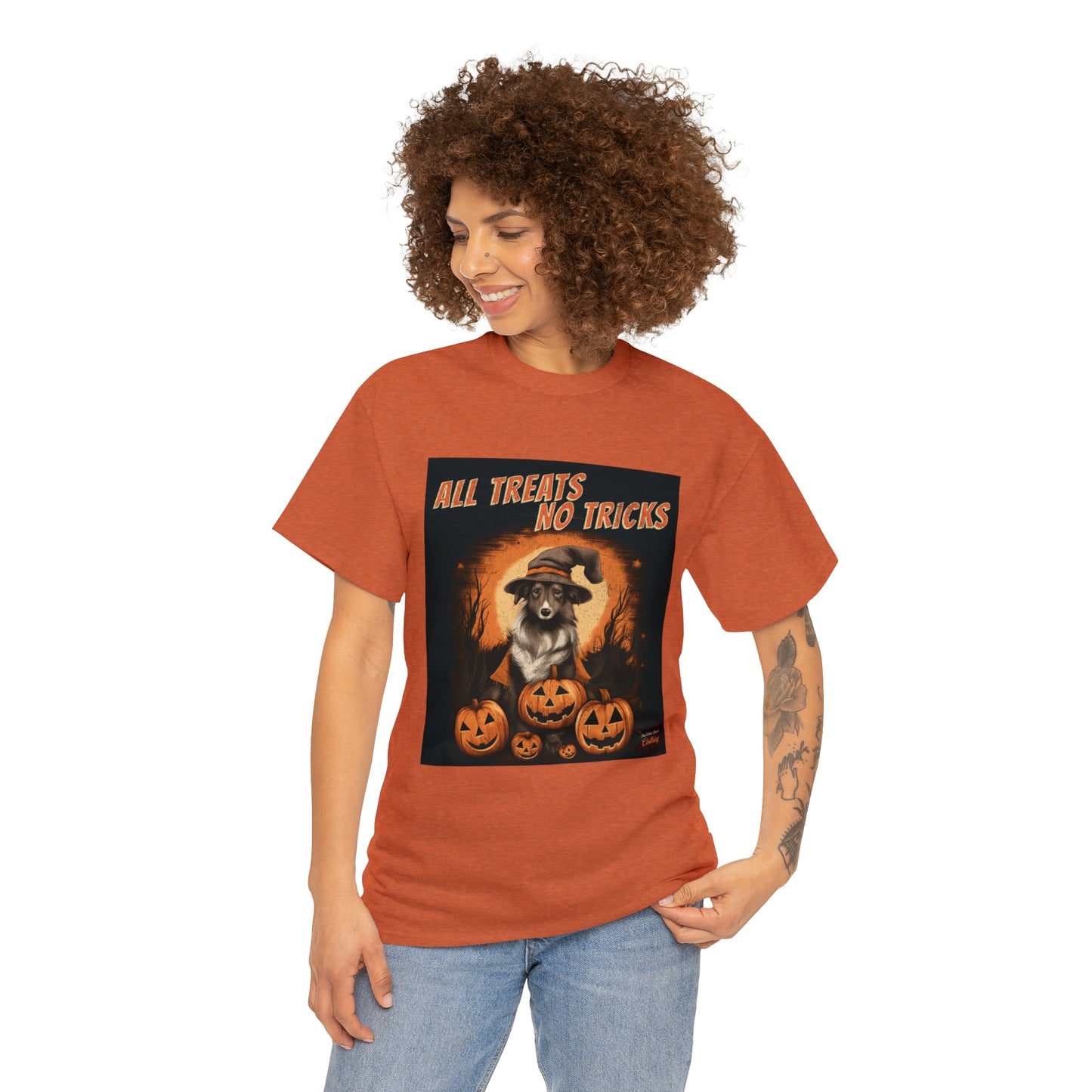 Collie - Halloween T Shirt - All Treats No Tricks - Unisex Heavy Cotton Tee