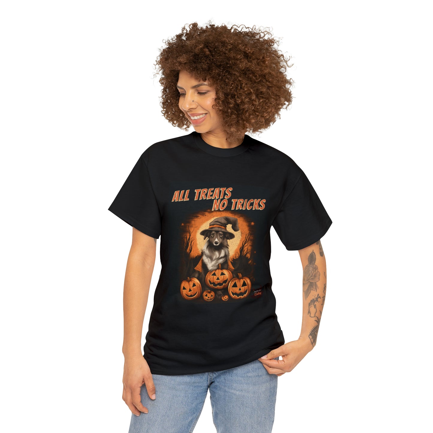 Collie - Halloween T Shirt - All Treats No Tricks - Unisex Heavy Cotton Tee